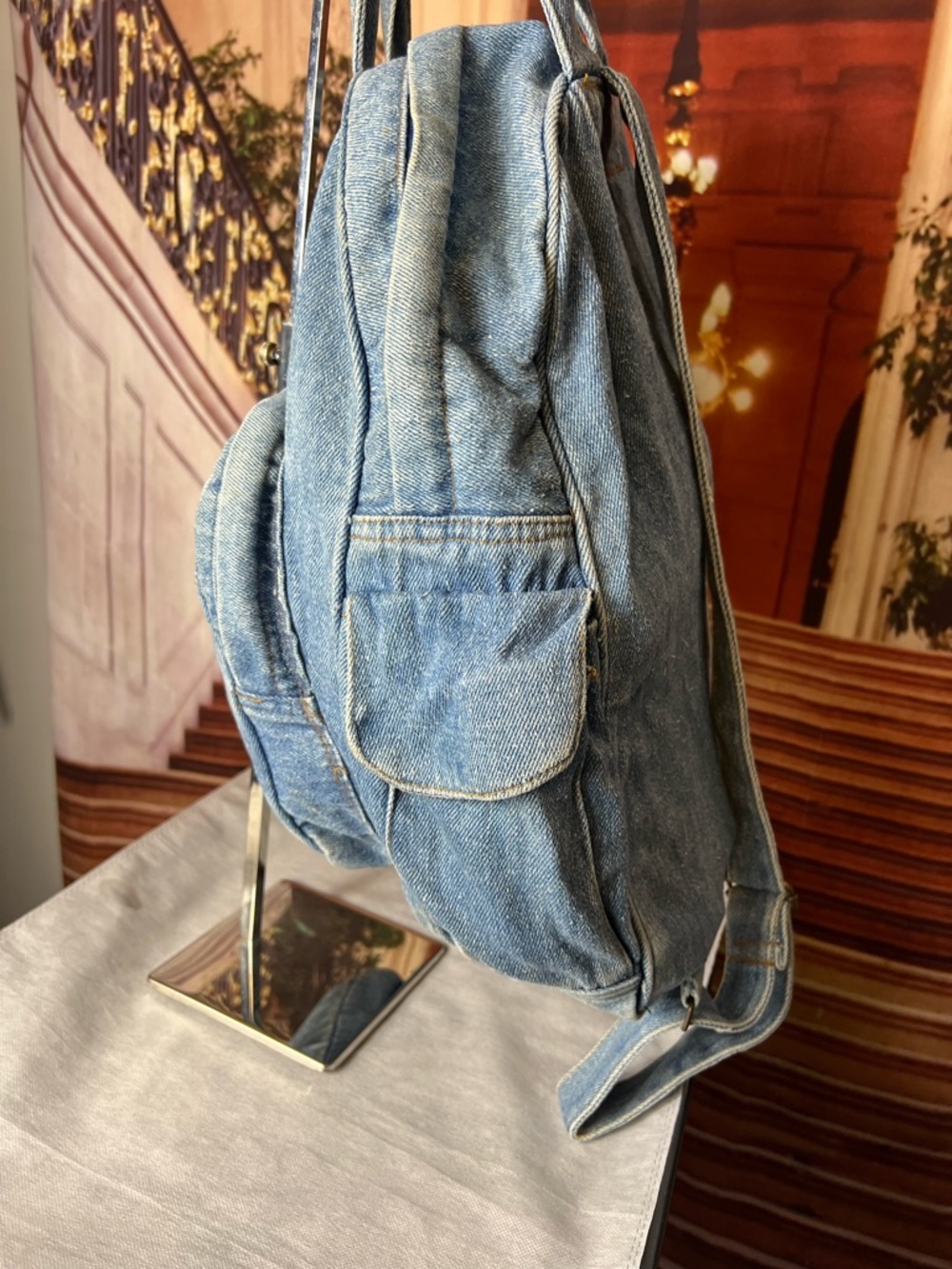 Vintage Gitano Blue Denim Backpack, top zip, front zip compartments, side pocket - Picture 8 of 15